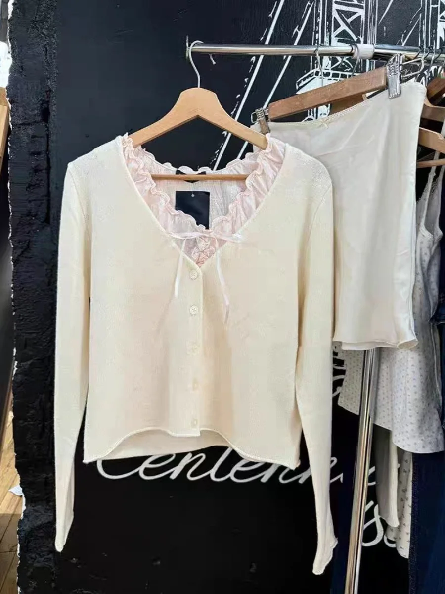 

American Sle Layering Thin Loose Knitted Sweater Coat BM Top Women Universal Pure Color V-ne Sweater Cotton Long Sve