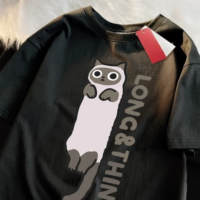 

Интересная облегающая японская одежда с принтом серого кота, женская повседневная футболка с круглым вырезом, летняя футболка, простая футболка с коротким рукавом Y2K