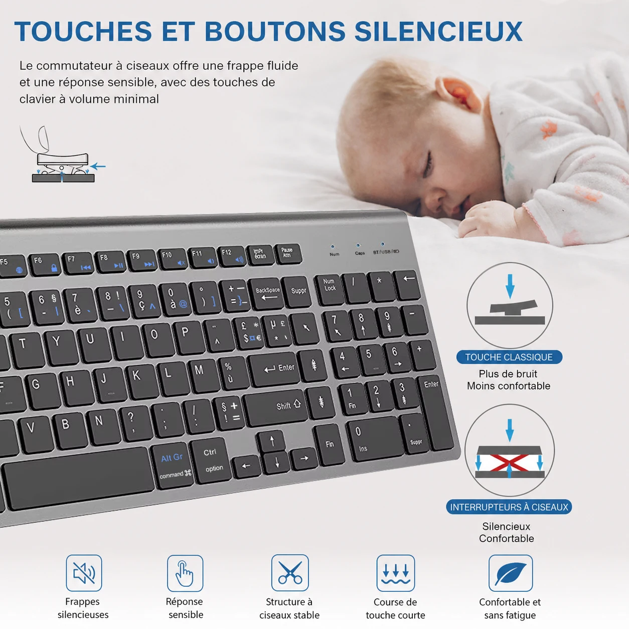 Francuska bezprzewodowa klawiatura Ultra Slim Dual Mode 2.4G i Bluetooth, kompaktowa, energooszczędna klawiatura z układem AZERTY dla systemów Windows i iOS. — zdjęcie produktu 3