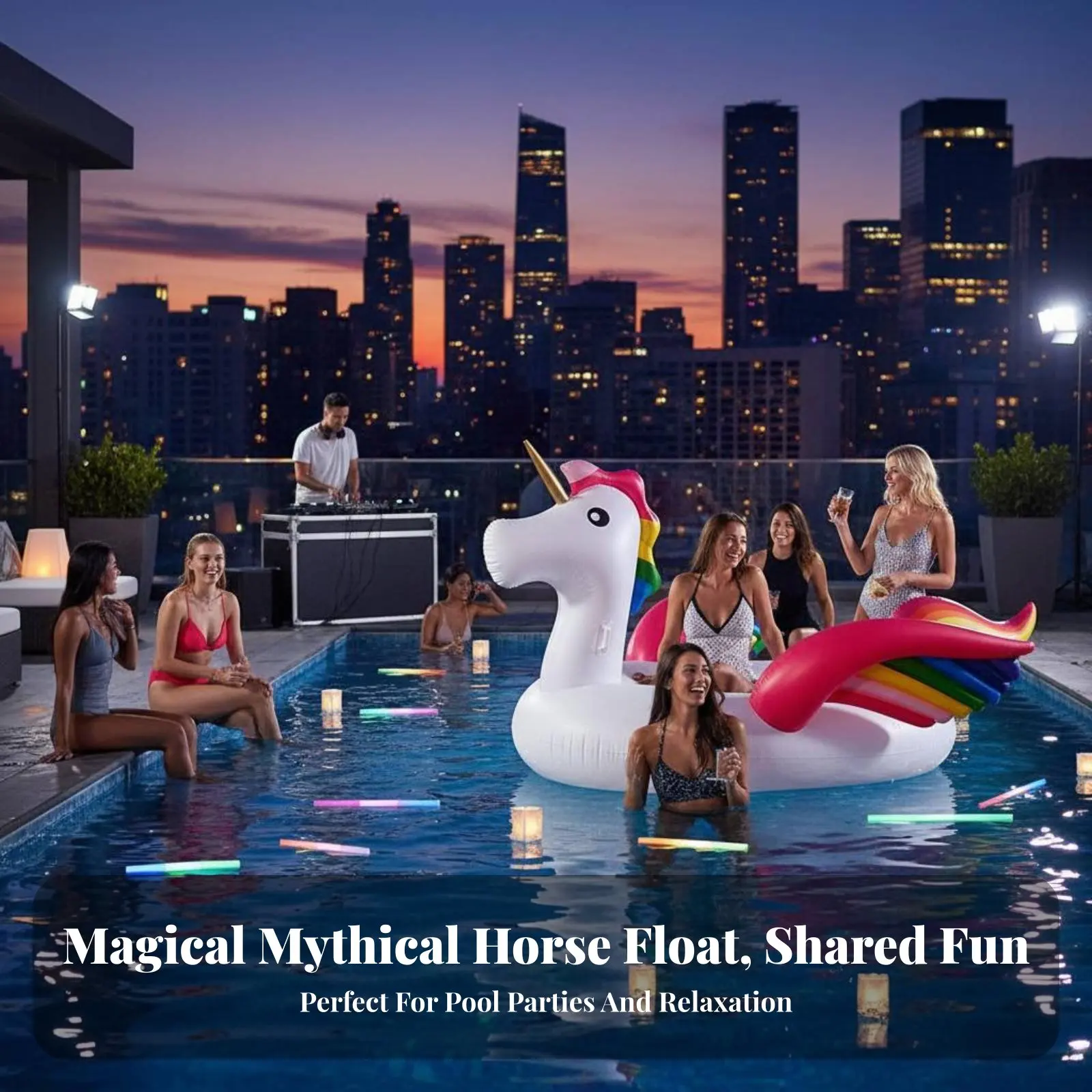 Aufblasbare Einhorn-Schwimminsel, Wasserliege für Gruppen, Große Pool-Luftmatratze, Buntes Sommer-Spielzeug, Party-Accessoire