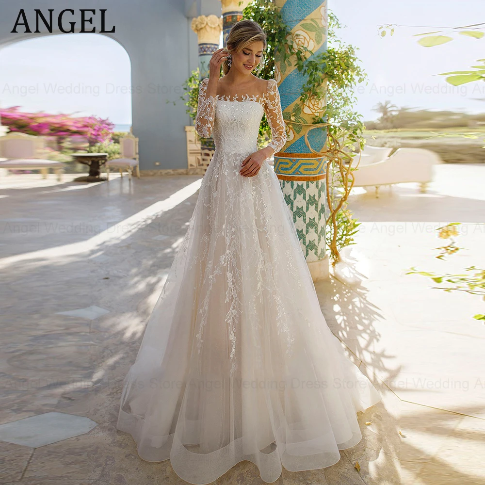 

ANGEL Exquisite Wedding Dresses Long Sleeves Scoop Princess Bride Gowns Illusion Back A-Line Applique vestidos de novia