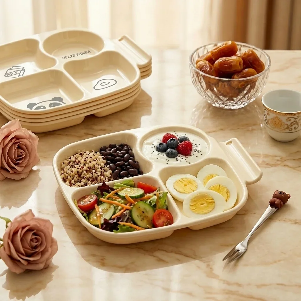 4 Compartment Divided Plastic Dinner Plates Portion Control Food Dish for Adults Kids Fruit Plates Cute Tableware with Handle