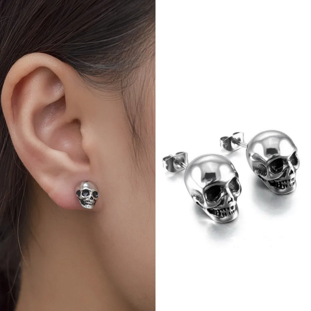 2Pcs 3D Vintage-Style Skull-Shaped Earrings, Hardcore Dark Gothic Style, Unisex, Suitable for Daily Commuting, Halloween, and Parties