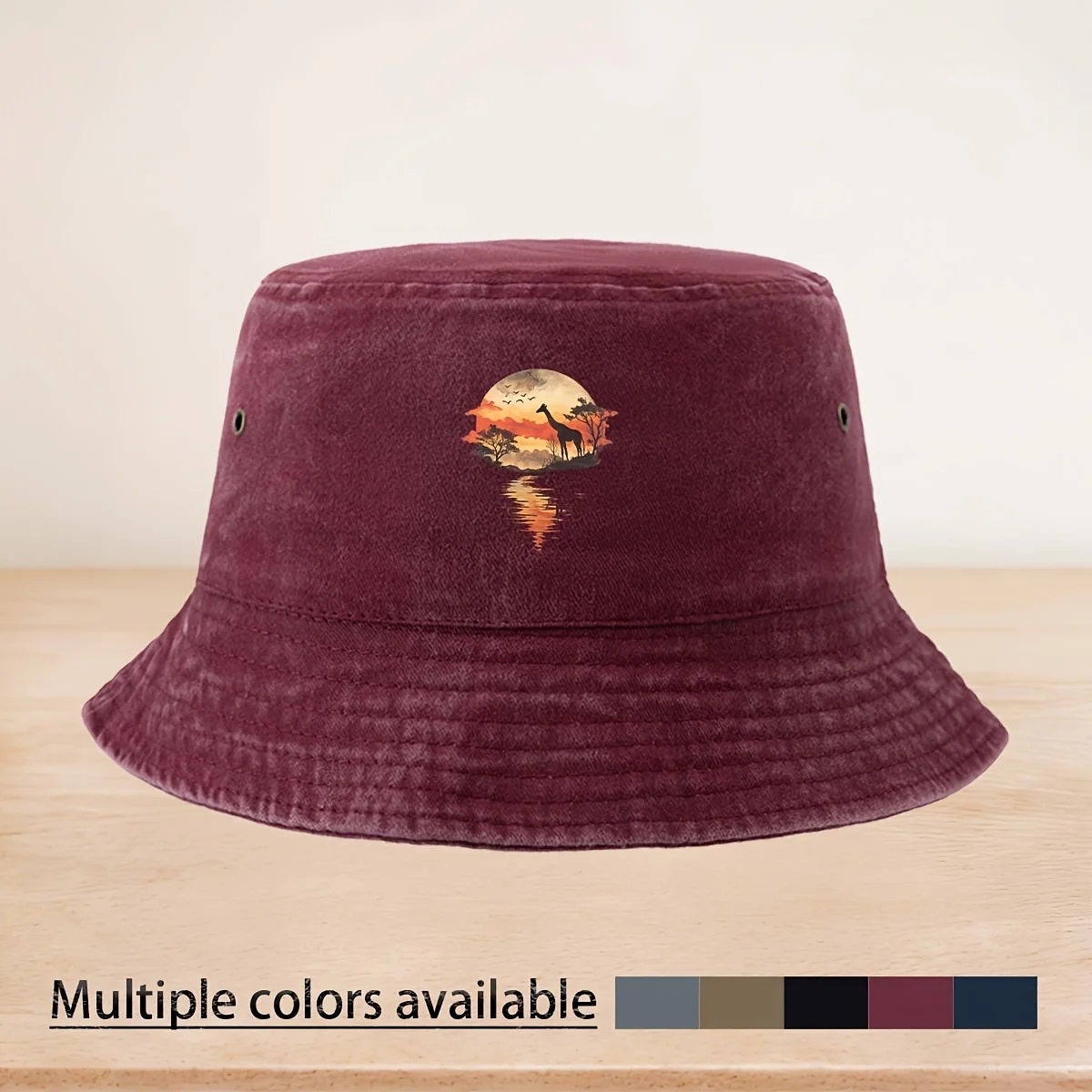 A High-quality Bucket Hat Featuring a Printed African Savanna Giraffe Pattern. This Versatile Unisex Fisherman Hat Offers a Casu