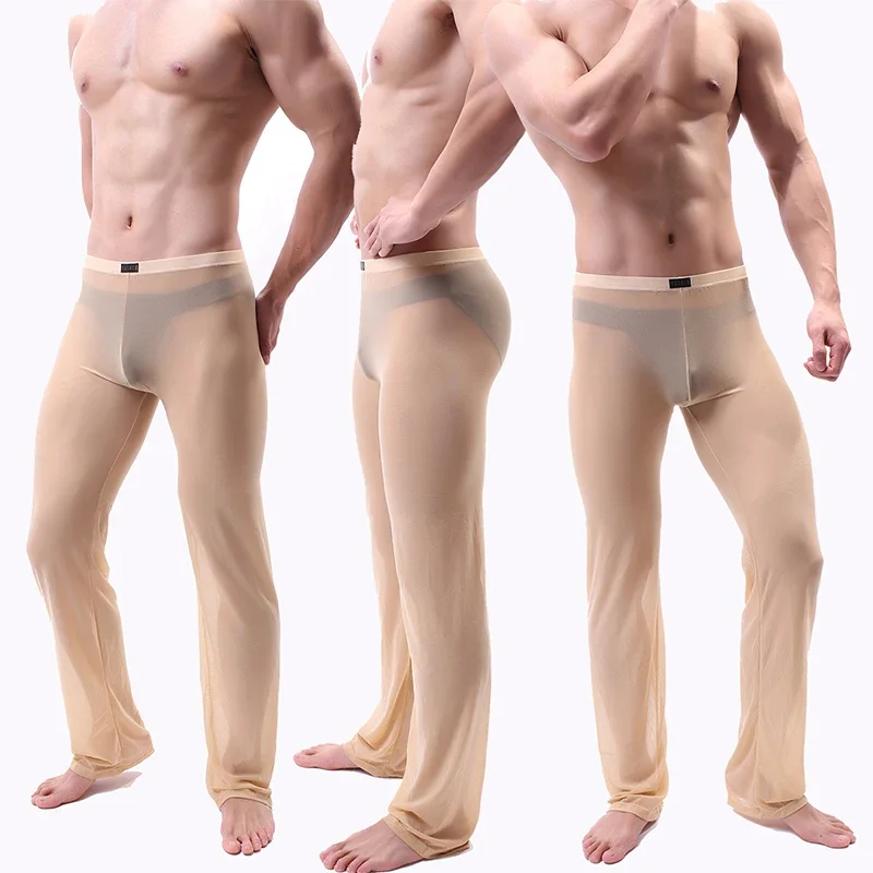 Pantalones transparentes para hombre, ropa de dormir, Sexy, transparente, de malla suelta