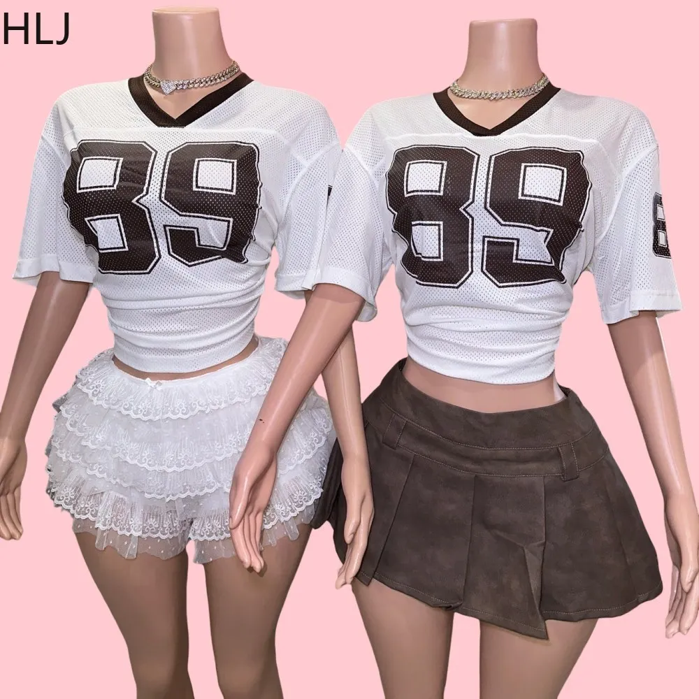 HLJ Fashion Letter Print Loose Tshirts Two Piece Sets Women V Neck Short Sleeve Top + Pleated Mini Skirts Outfits Y2K Streetwear