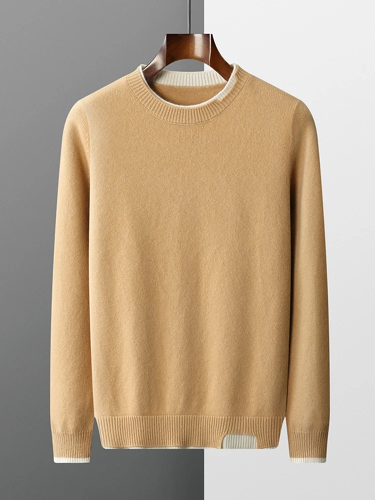 Mężczyźni Gruby Sweter Pullover O-neck Fake Two Tops 100% Wełna Merino Dzianina Casual Długi Rękaw Miękki Ciepły Kaszmir Jesień Zima Nowy