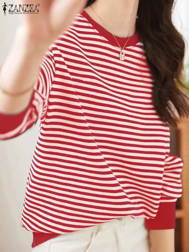 

Осенняя блузка в стиле пэчворк, женская модная полосатая рубашка с длинным рукавом 2024 ZANZEA, повседневные рабочие топы, женские свободные блузы оверсайз с круглым вырезом