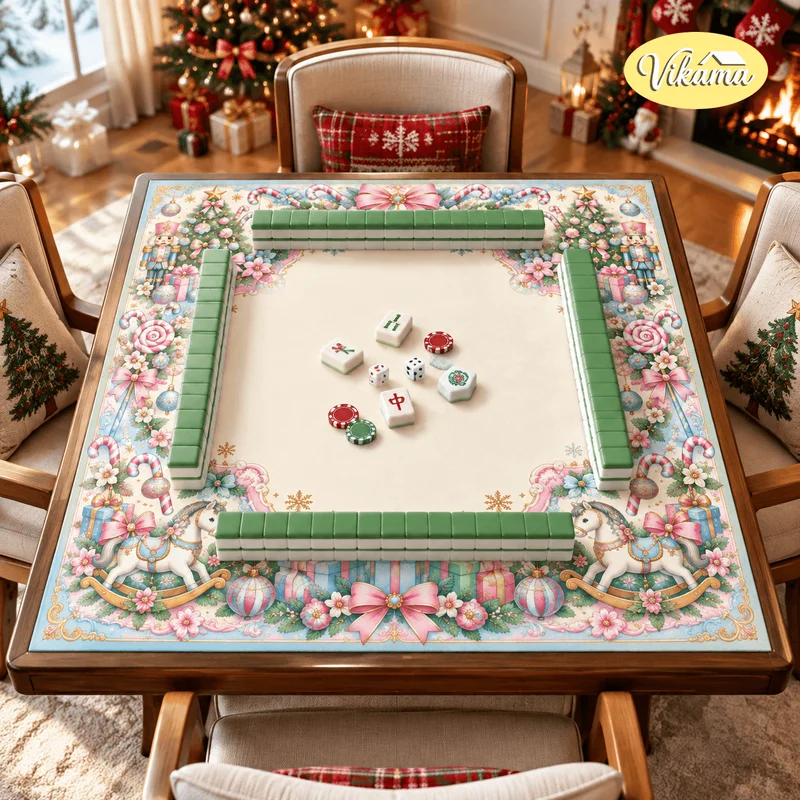 VIKAMA Christmas Pink Bow Mahjong Table Mat Non Slip Washable Game Table Cover for Living Room Family Game Night Holiday Gift