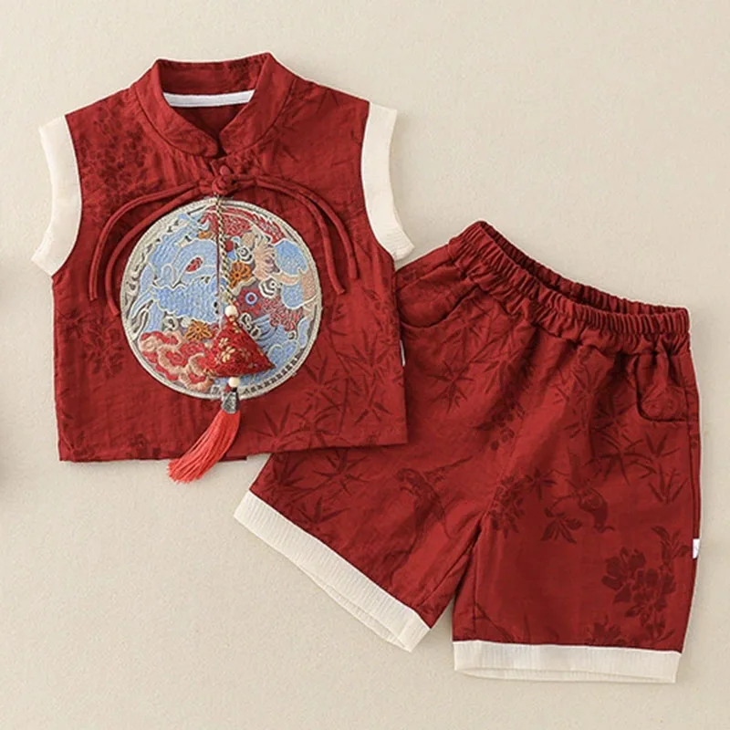 

3Piece Summer Toddler Boy Outfits Chinese Style Fashion Print Embroidery Sleeveless Tops+Shorts Baby Items Newborn Clothes B264