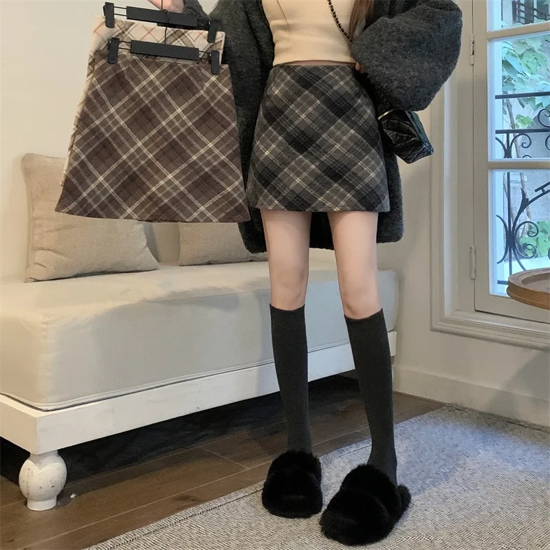 Vrouwen Wollen Stof Rok Herfst Winter Halflange Jurk Temperament Retro Hoge Taille Afslanken A-lijn Hip Knuffelen Korte Rok