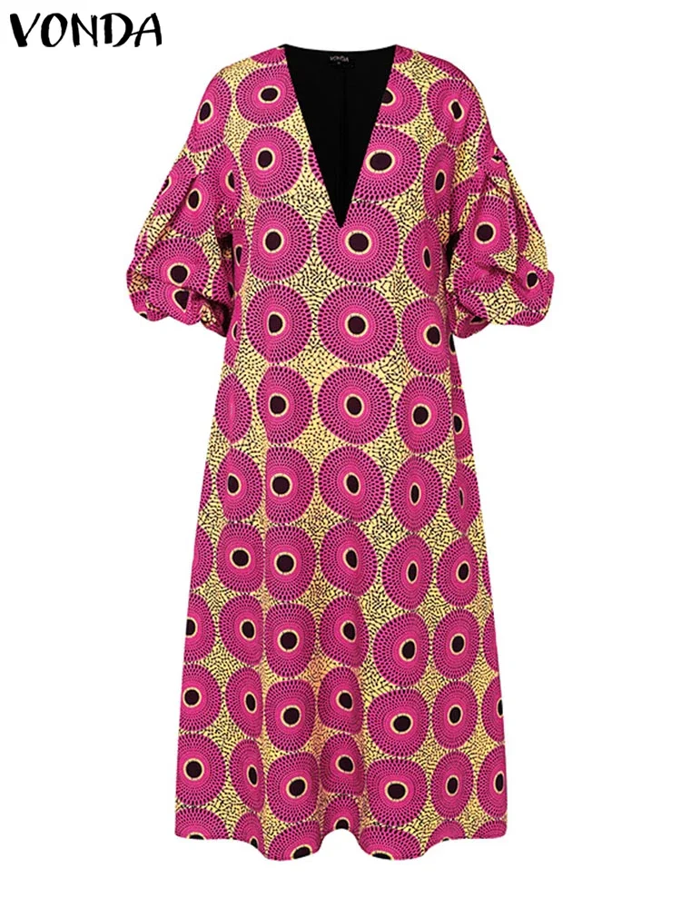 플러스 사이즈 5XL VONDA 여성 보헤미안 맥시 롱 드레스 2025 Eleagnt 프린트 Sundress v 넥 캐주얼 가운 3/4 랜턴 슬리브 베스 티드