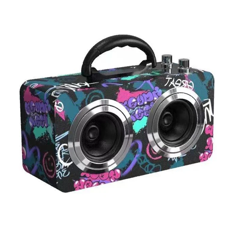 Altoparlante portatile portatile senza fili Bluetooth da esterno retrò in legno Subwoofer Graffiti con scheda Tf/riproduzione USB/Radio FM