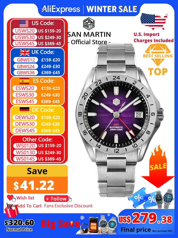 

San Martin 39mm Purple Desert Texture Dial Luxury Men Dress Watch NH34 GMT Automatic Mechanical Waterproof 100m Luminous SN0129