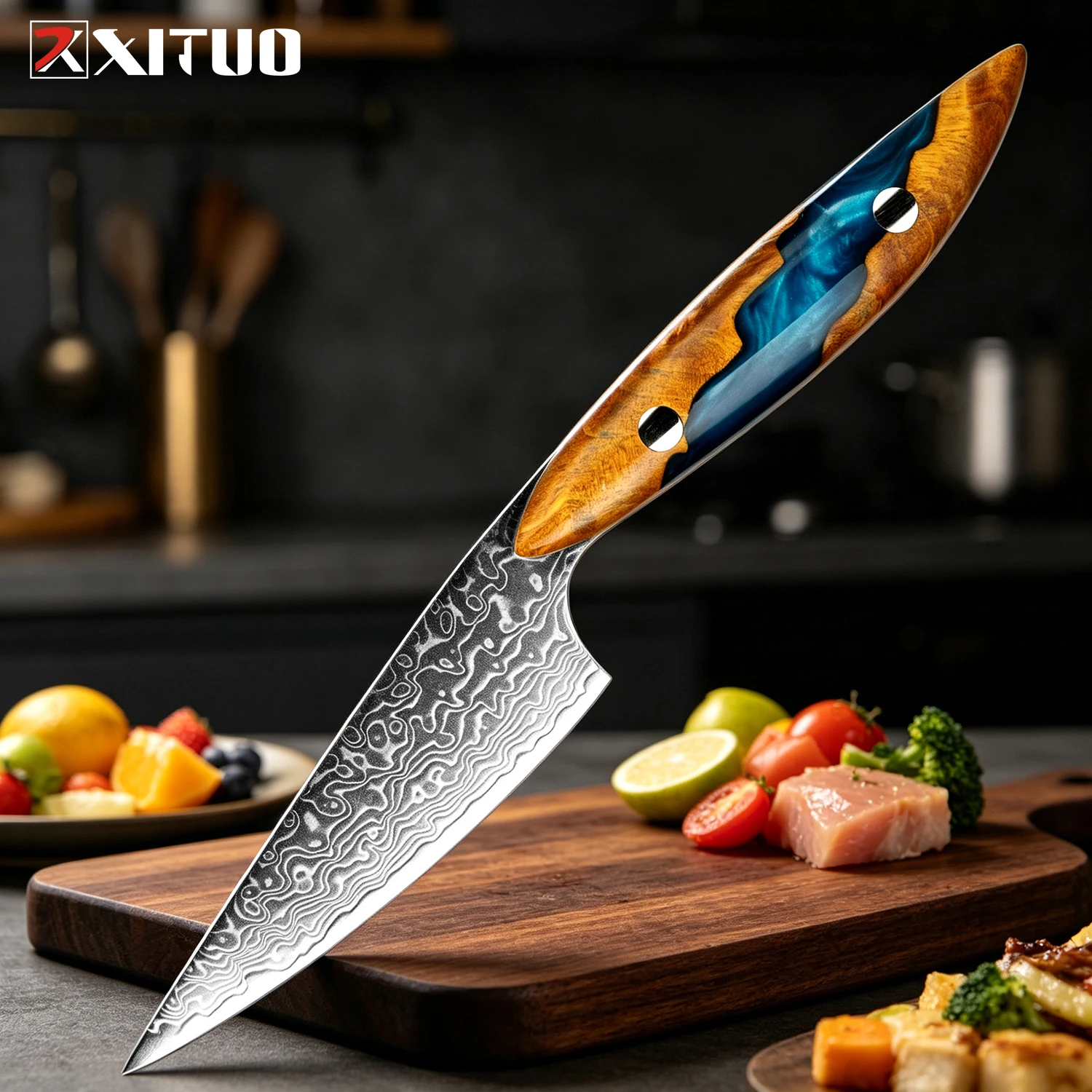 XITUO Japanese 3.5 Inch Paring Knife, Damascus Steel Sharp Kitchen Fruit Knife for Carving Peeling,Resin&Stabilized Wood Handle