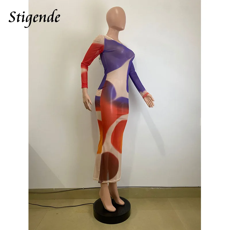 Stigende Sexy Transparent Mesh Dress Night Party Wear Women Patchwork Print See Through Dress