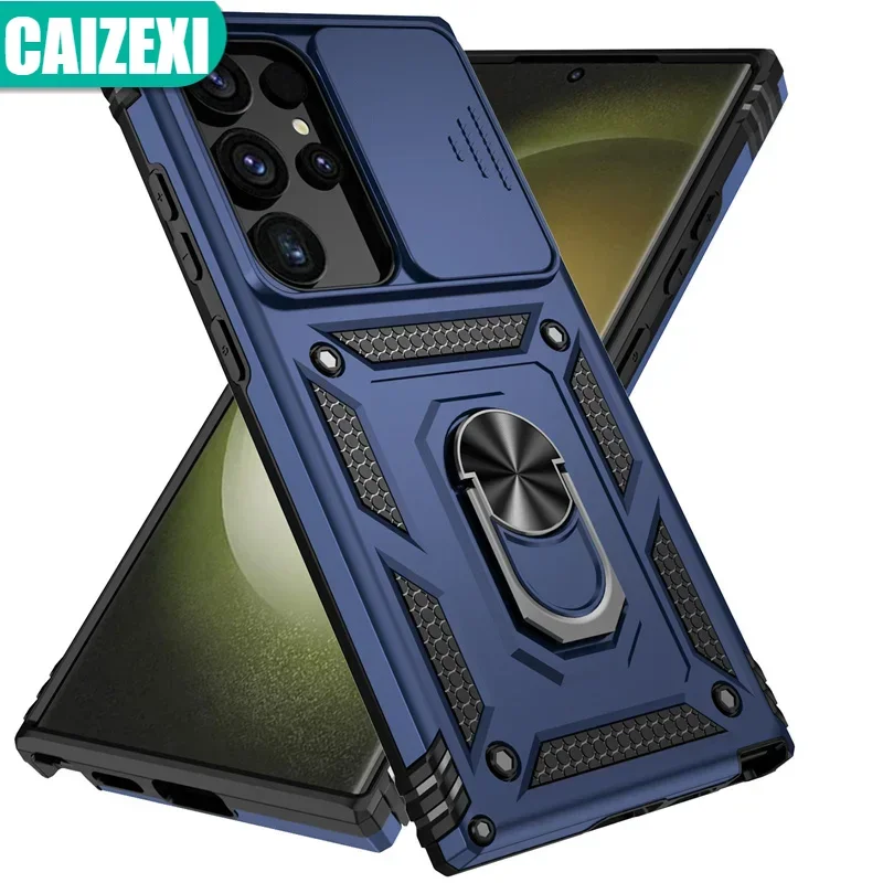 Halka Standı Dönen Slayt Kamera Lensi Askeri Sınıf Zırh Kılıf Samsung Galaxy S24 + Artı S24FE S24 Ultra S24 FE Arka Kapak