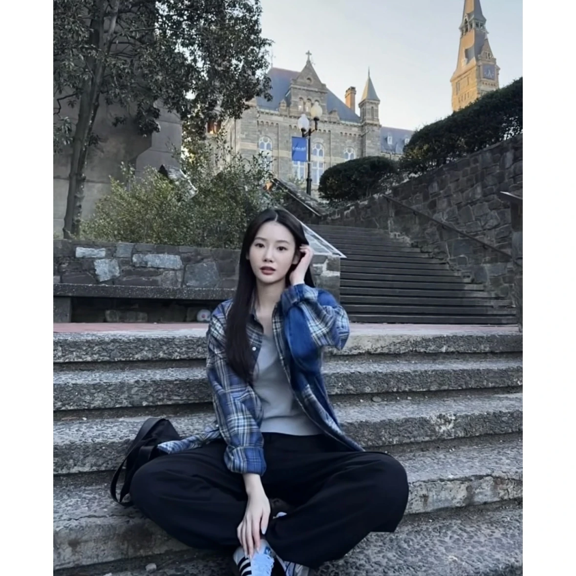 

Retro Bold Dongda Gate 25 Summer Versatile Plaid Denim Color Blo Loose Long Sve Women's irt Straight Cut Midi Length