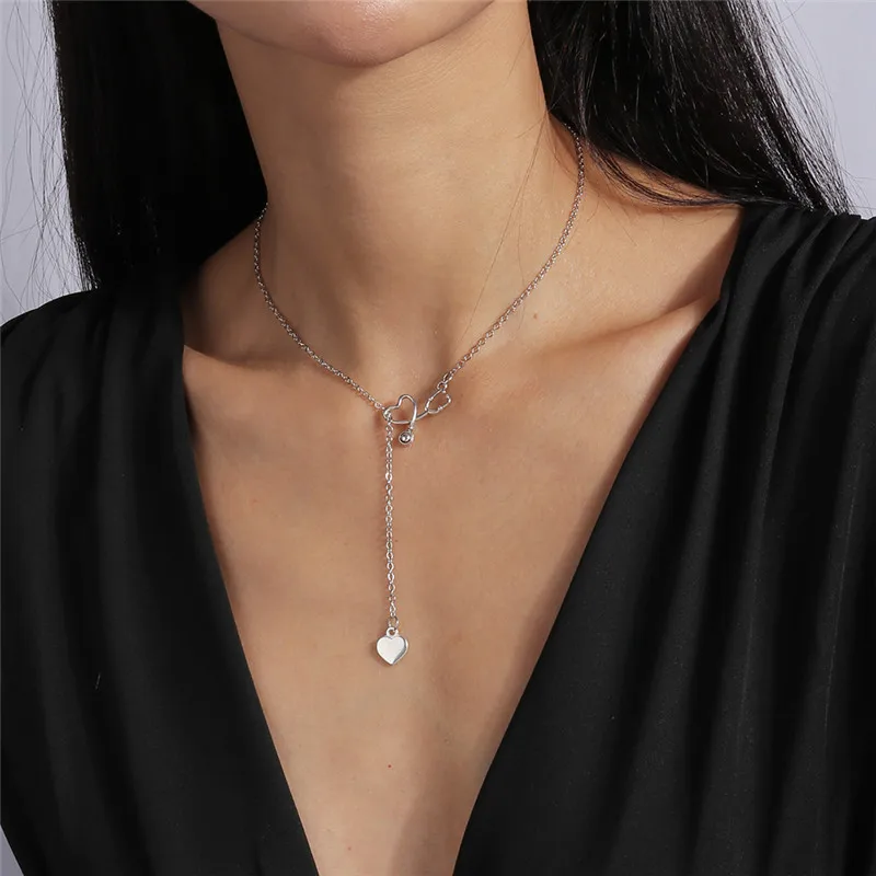 Aihua Trendy New Fashion Stethoscope Necklace Lariat Heart Pendant Silver Color Nurse Medical Necklace Collares