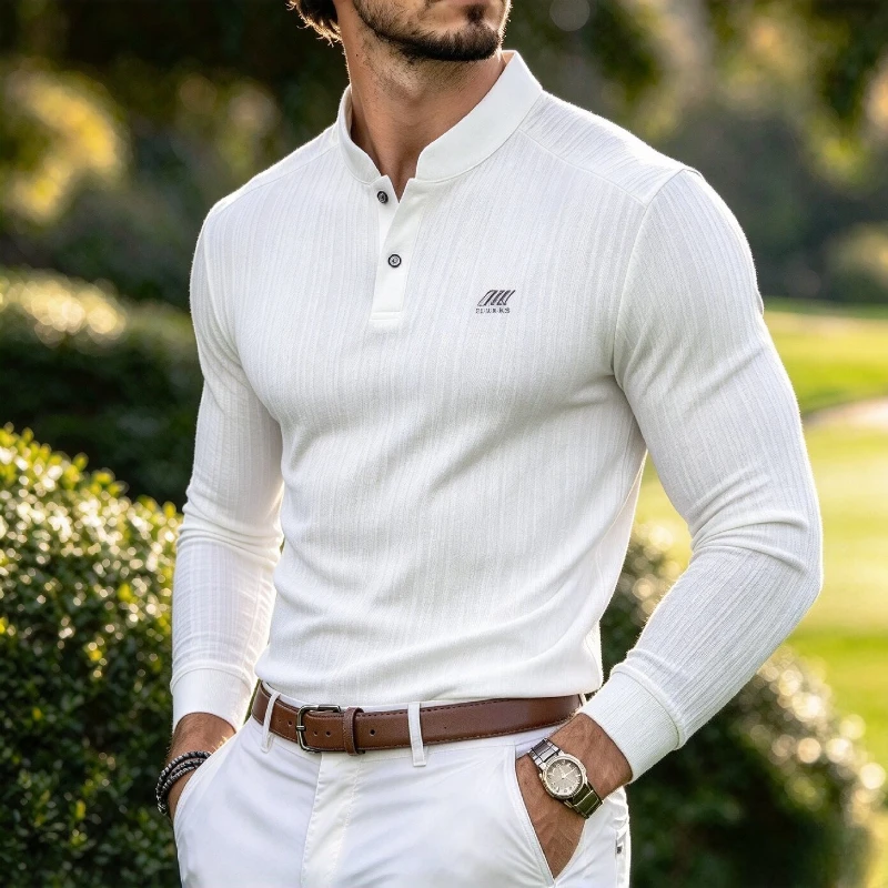 Men Mandarin Collar Faux Linen Golf Polos Business Casual Long Sleeve Work Polo Shirts Wrinkle Resistant Breathable Workwear Man