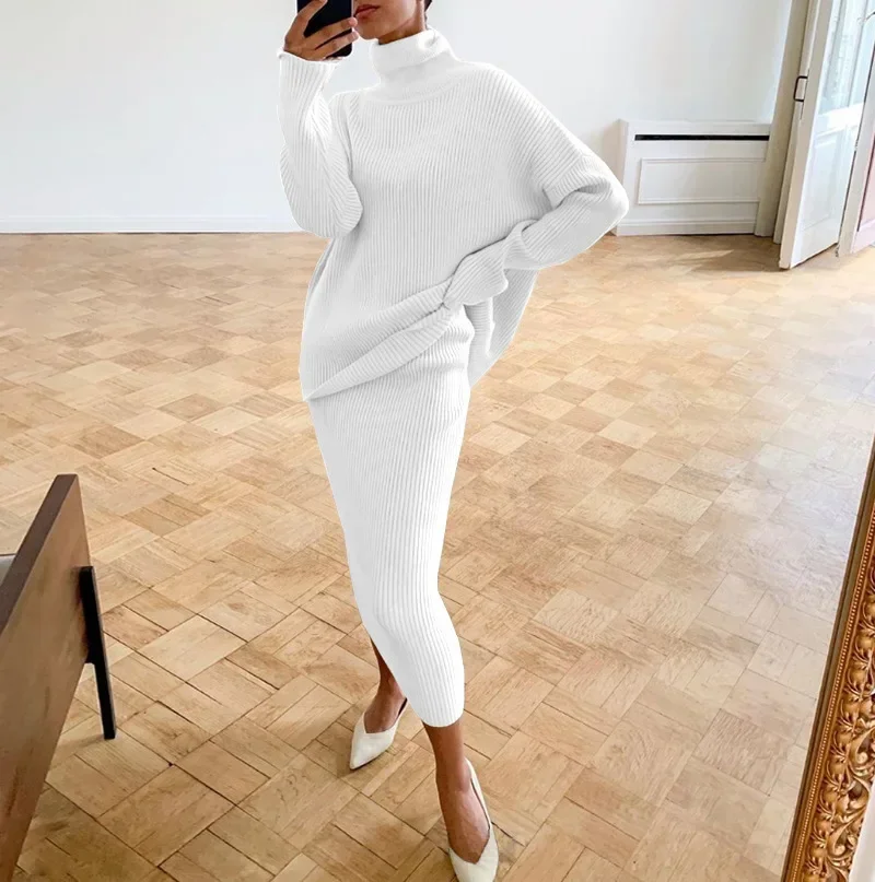 Two Piece Knitted Pullover Sets Women Winter Turtleneck Sweater and Hip Wrap Skirt Suits Ladies Elegant Casual Female Outfits