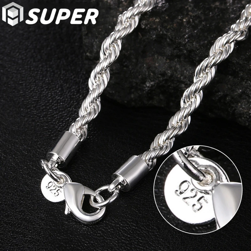 

925 Sterling Silver 16/18/20/22/24 Inch 4MM Hemp Rope Chain Necklace For Woman Man Fashion Charm Wedding Jewelry Gift
