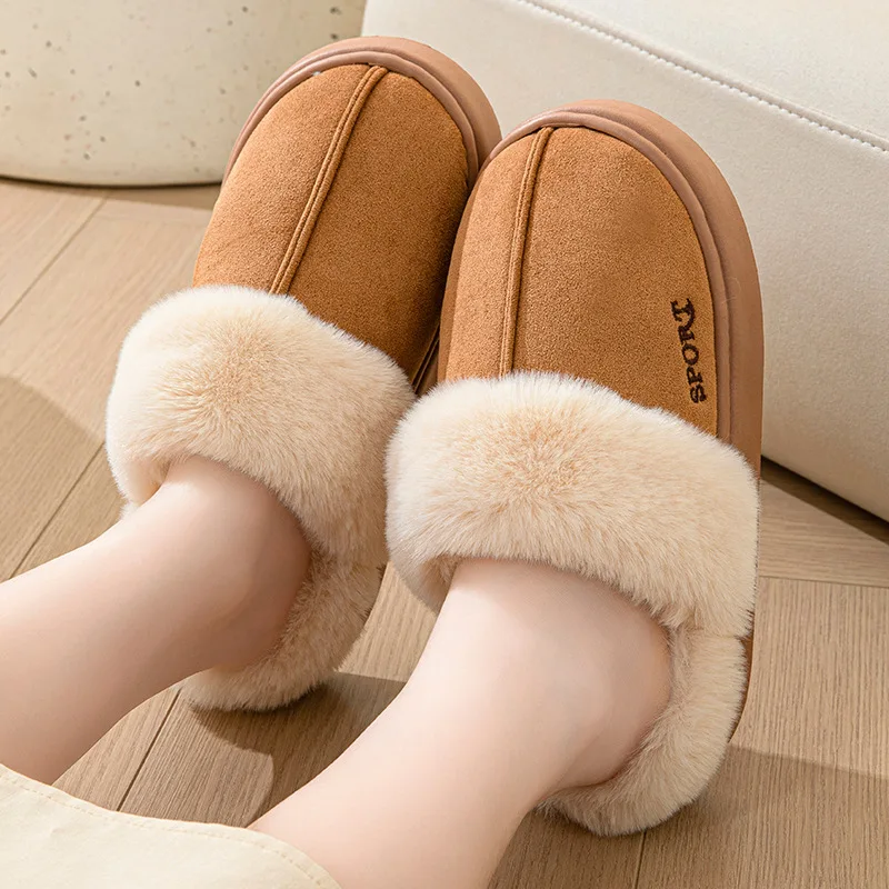 Lucyever Faux Suede Fluffy Slippers Women 2024 New Faux Fur Platform Winter Slide Woman Non Slip Soft Sole Cotton Padded Shoes