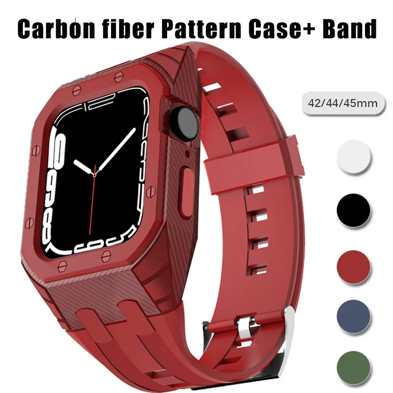 Carbon Fiber Case+Strap for Apple Watch Band 9 8 7 45mm Silicone PC cover for iwatch series 6 SE 5 4 44MM 42MM Rubber Bracelet