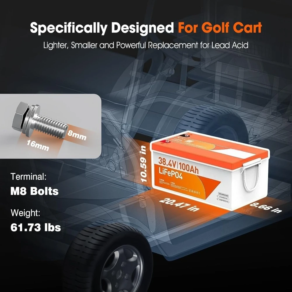 36V(38.4V)100Ah Lithium Iron Phosphate (LiFePO4) Battery with Bluetooth Low-Temp Protection, Built-in 200A BMS,7.68kW Max Power