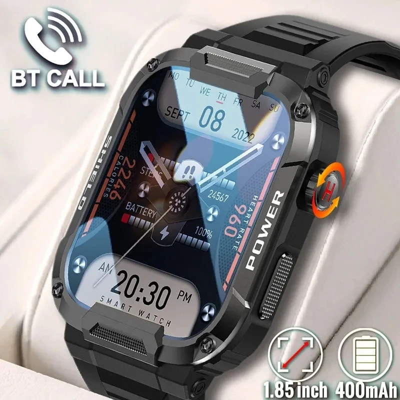 Rugged Military Smart Watch Men For Android IOS Ftiness Watches Ip68 Waterproof 1.85\'\' AI Voice Bluetooth Call Smartwatch 2024