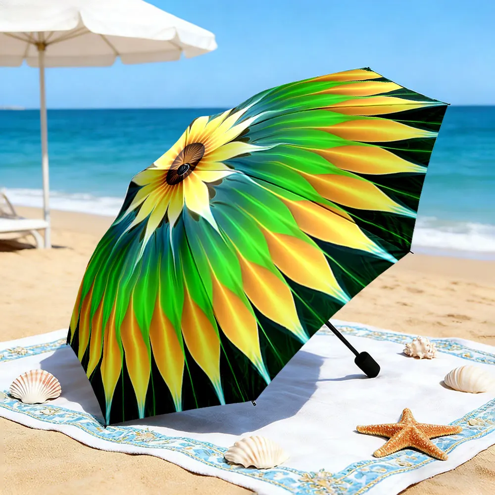 1PC Bright Sunflower Umbrella by the Tranquil Lakeside Print 8 Iron Ribs Folding Umbrella Auto-Open Fashion Sunshade