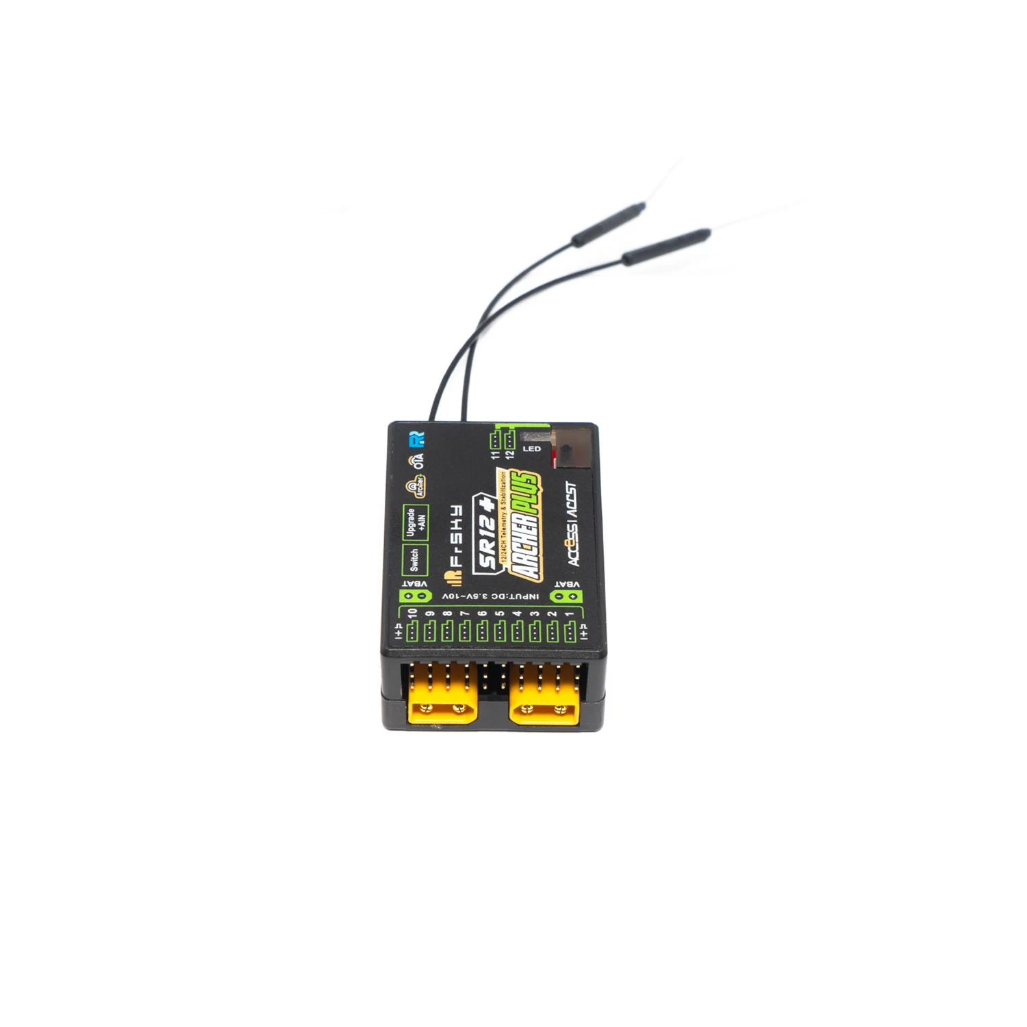 FrSky Archer Plus SR12+ Receiver 12 Channels Built-in 3-Axis Gyro & Accelerometer Multiple Flight Modes Dual Detachable Antennas Full-Range Signal SBUS in Redundancy XT30 Dual Power Telemetry Support
