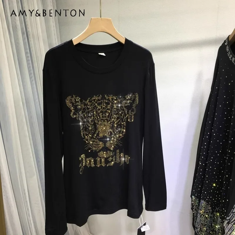 

Diamond Drills Bottoming Shirt Female Cartoon Leopard O-Neck Loose Long-sleeved Black T-shirt Inside Autumn And Winter Thin Tees