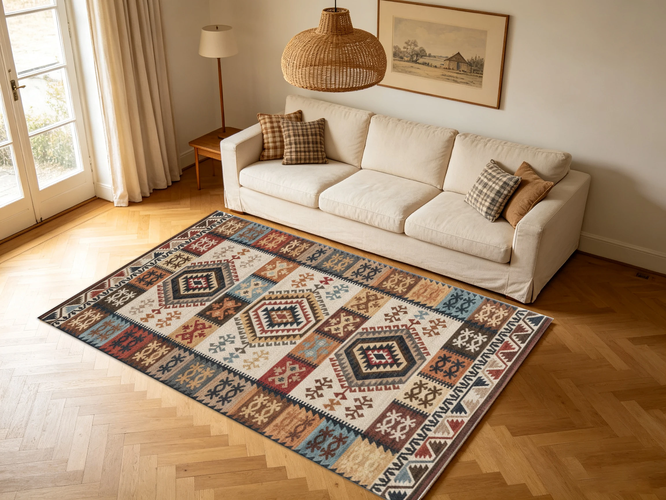 Boho Kilim Geometric Carpet Flooring, Ethnic Tribal Pattern Area Rug for Living Room Camping Decor