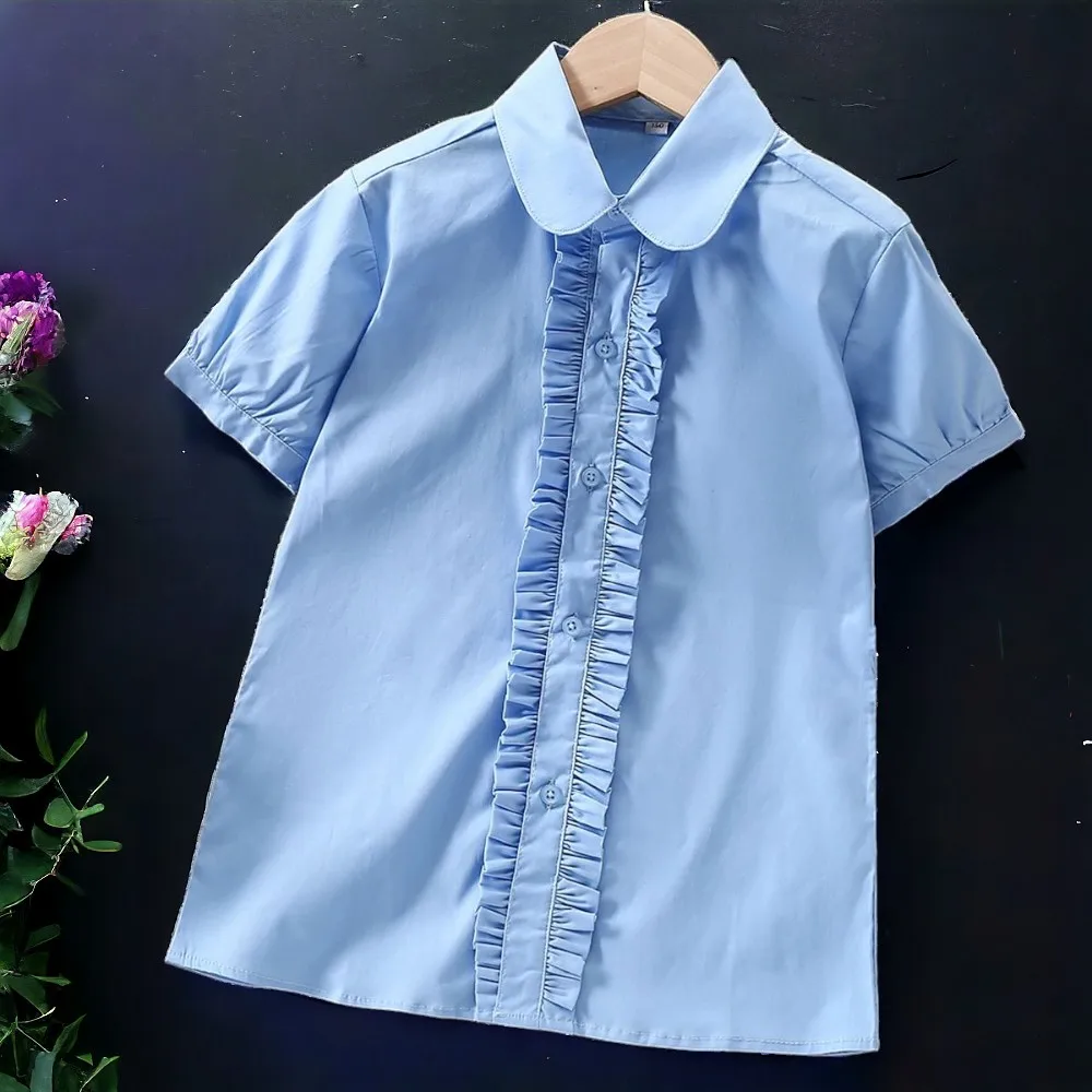 

Summer School Outfits Kids White Shirts for Girls Blue Blouses Short Sleeve Teenagers CottonChildren Costumes 5 7 9 11 13 Years