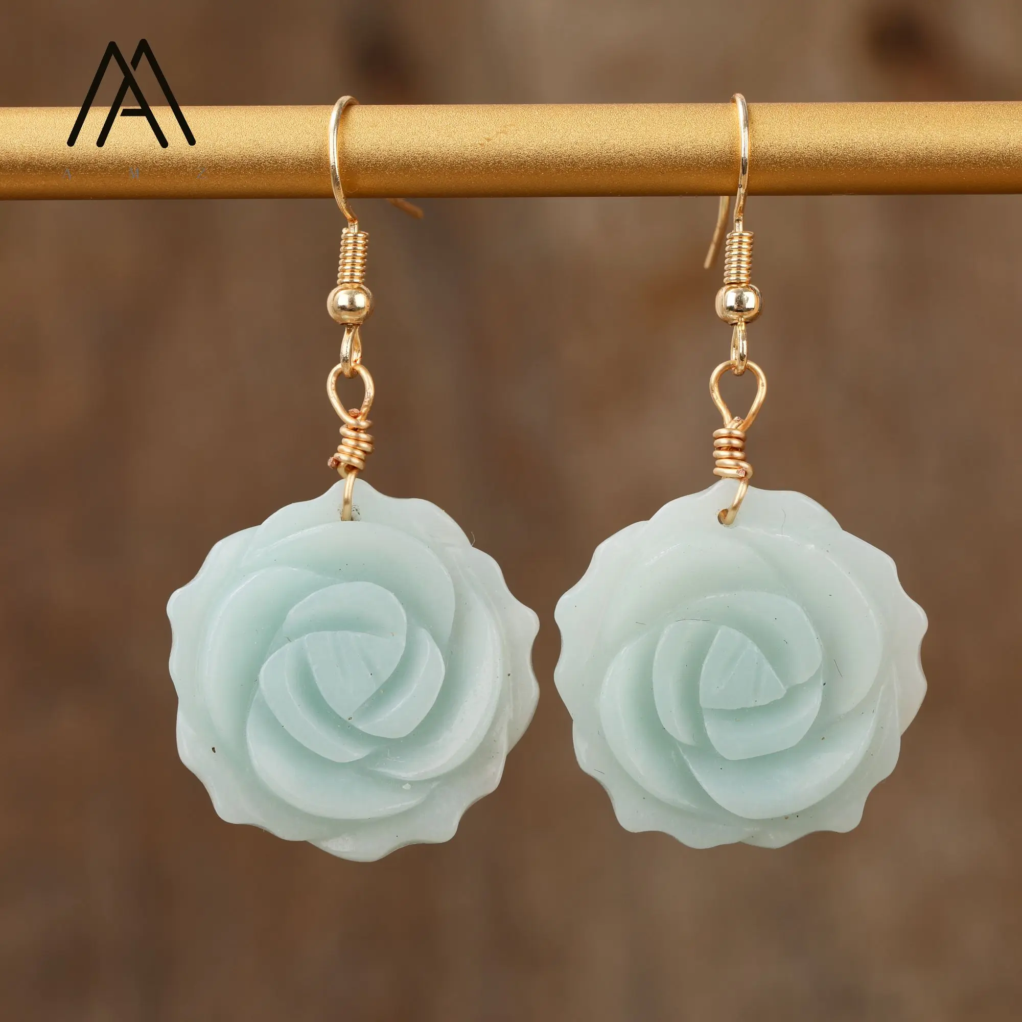 

Elegant Crystal Earring Carving Rose Flower Gemstone Gold Hook Earrings Boho Jewelry Women Gifts Dropshipping