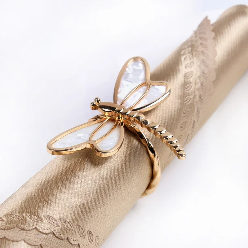 Shiny Gold Plated Seashell with Clear Crystal Stones Jeweled Dragonfly Design Metal Alloy Napkin Rings Set of 6 Pieces