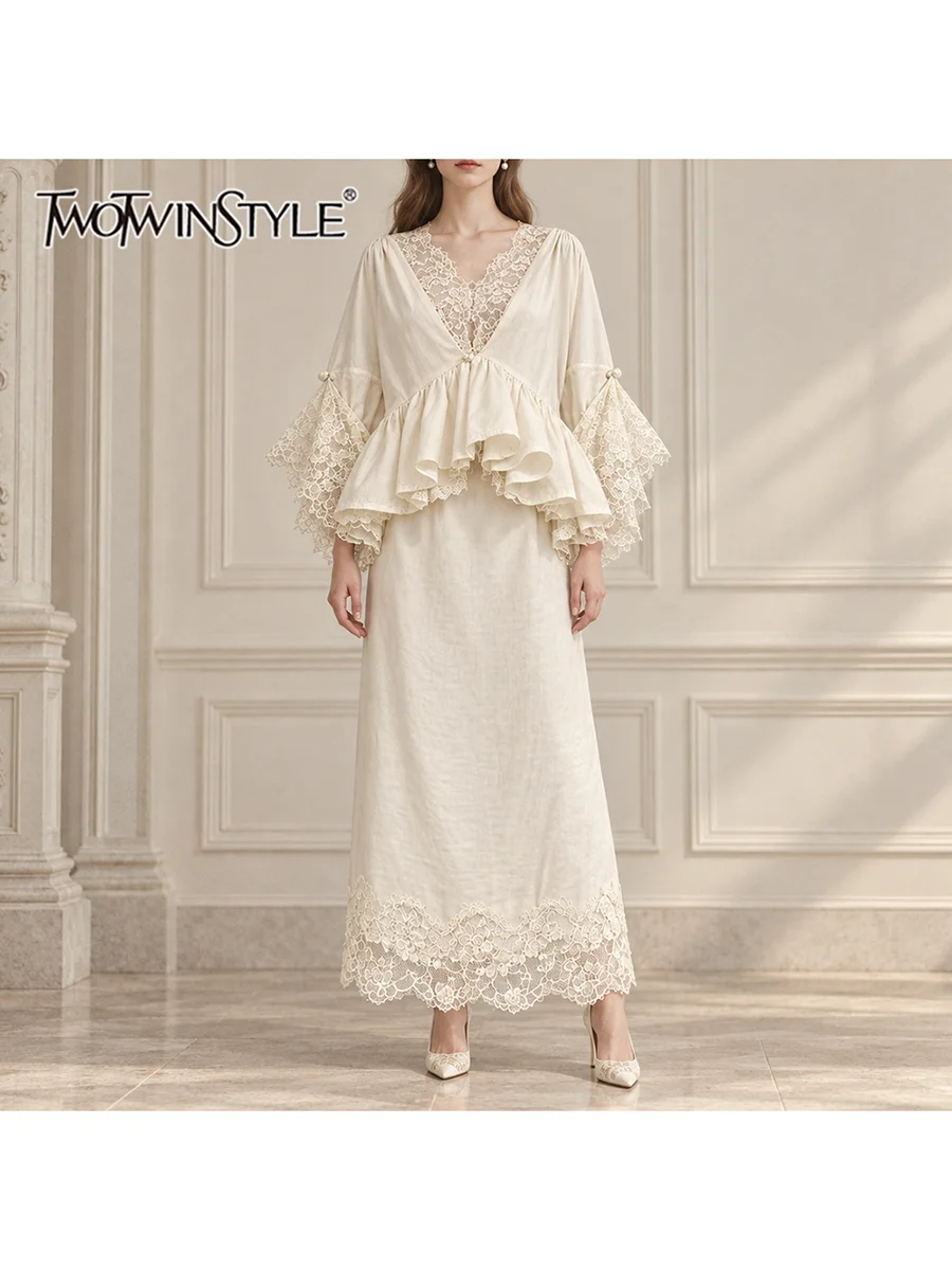 TWOTWINSTYLE Ruffled Spliced Lace Loose Two Piece Set for Women V Neck Long Sleeve Top High Waist Midi Skirt Casual Sets Female