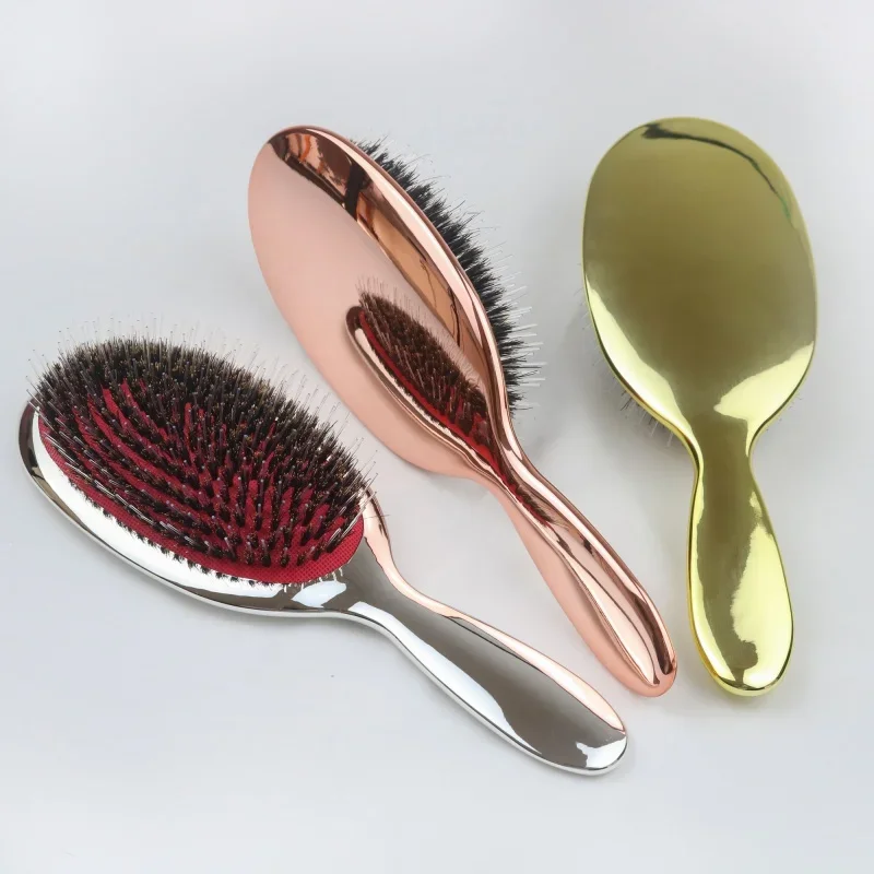 Plating Mirror Oval Shape Cushion Massage Comb Boar Bristle Nylon Detangling Hairbrush Electroplate Hair Extension Wig Brush