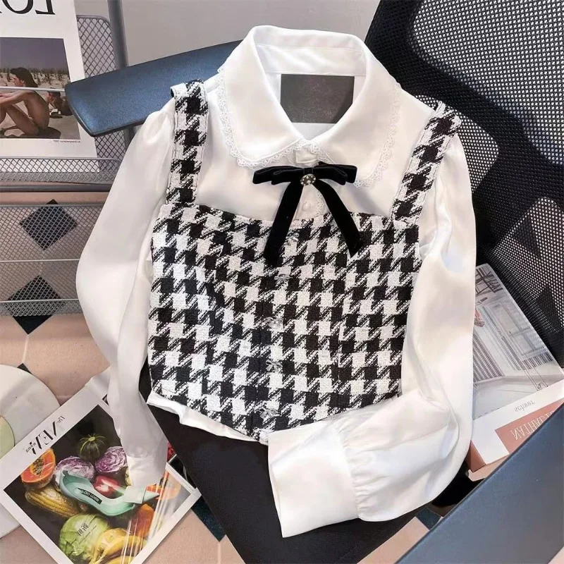 

Short Houndstooth Vest Bow Shirt Blouses for Women Fashion Retro White Blusas Mujer Tweed Crop Top Casual 2set Spring