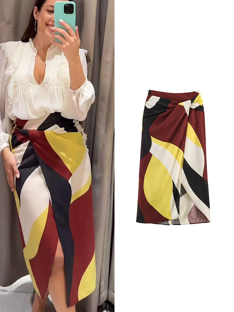 TFMLN Sexy Vintage Print Midi Skirt for Women Elegant Side Split Ruffles Long Skirt Casual Chic Summer Zipper Holiday Clothing