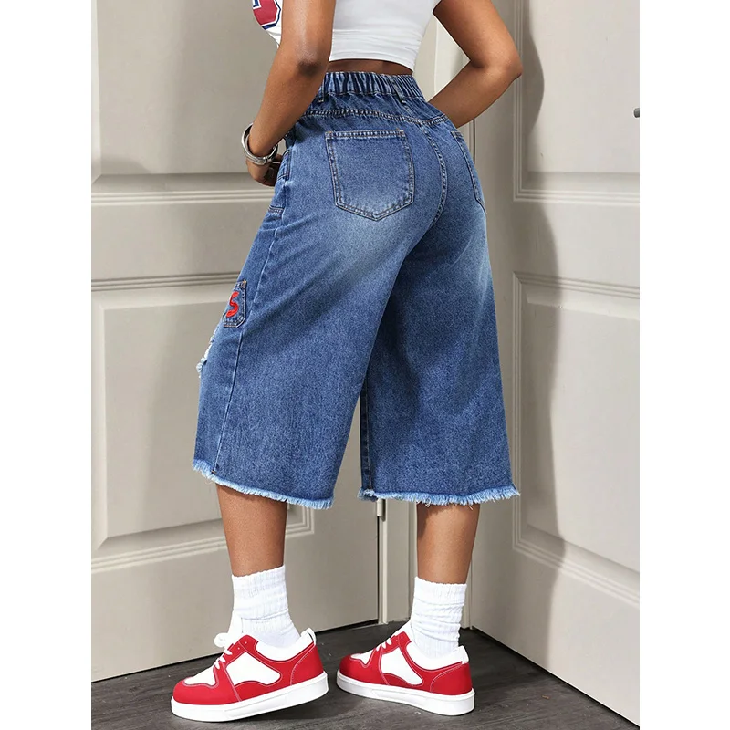 Benuynffy American Street Retro Raw Hem Ripped Jeans Women's Summer 2000s Back Elastic Waist Loose Wide Leg Denim Capri Pants