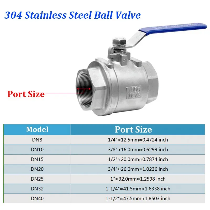 

1Pcs of 1/8" 1/4" 3/8" 1/2" 3/4" 1" BSPT Equal Female Full Port 2P Ball Valve 304 Stainless Steel Water Gas Oil