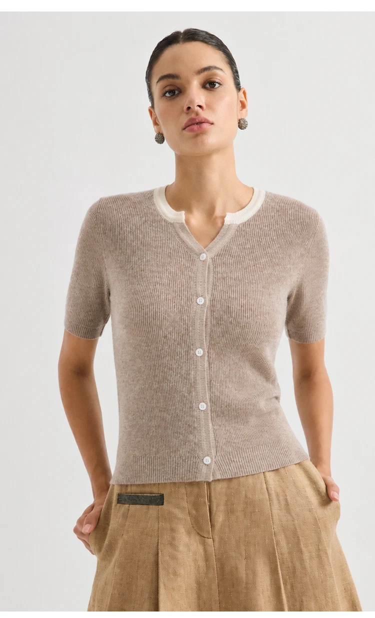 ML62125 Damen Schicker V-Ausschnitt Kurzarm Strickjacke mit Knopfleiste, gerippt, aus Modal-Mischgewebe, Frühherbst-Pullover – Detail 6