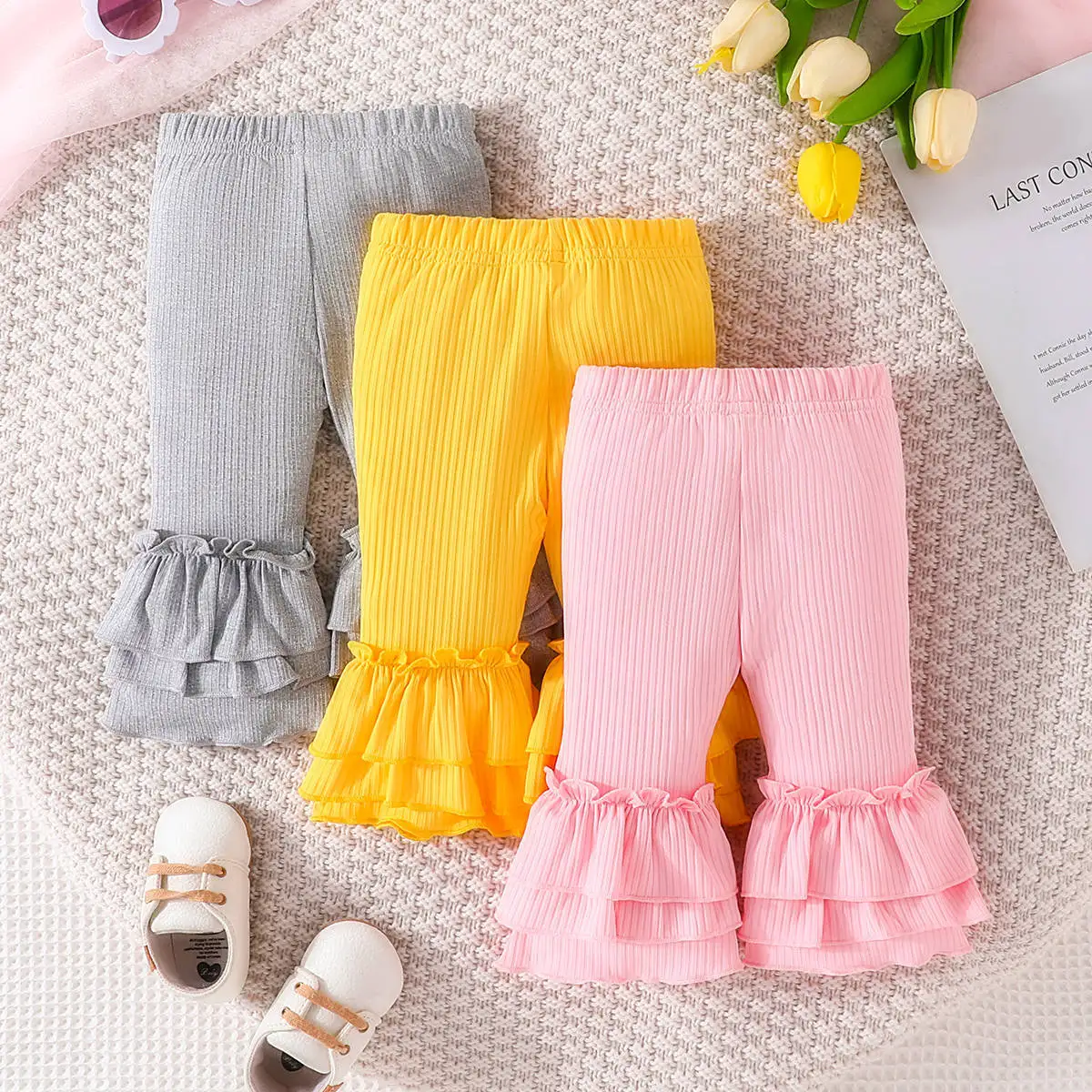 New 2023 Pants for Kids Autumn Trousers Enfant Garcon Kids Fashion Ruffles Pink Yellow Baby Girls Overalls Pants 0-24M