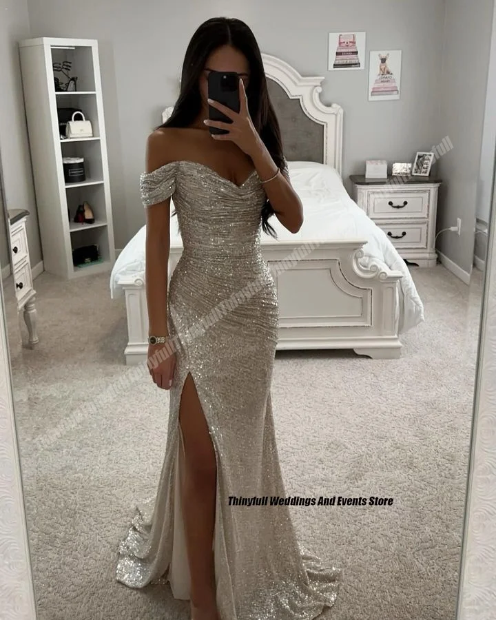 Thinyfull Mermaid Off Shoulder Glitter Prom Dresses Sleeveless Sweetheart Evening Party Gown Split Long Special Occasion Dress