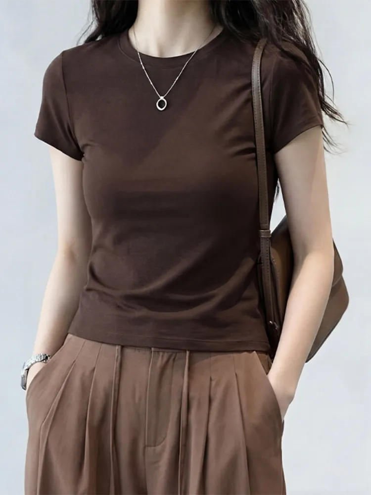 Café Brown Slim Fit Short Sleeve T-Shirt Women's Fashionable Summer New Style Commute Korean Version Straight Body Shape