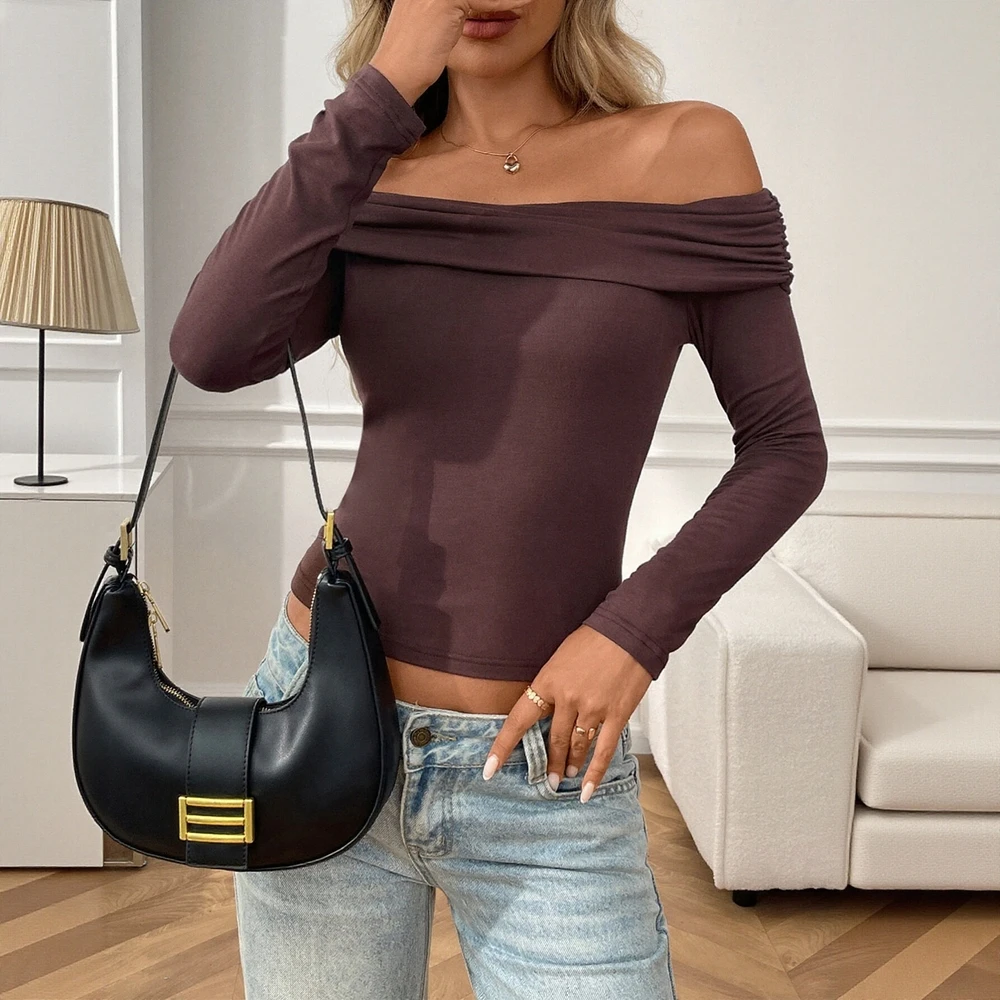

Женские удобные осенние футболки 2025 года, однотонные эластичные облегающие повседневные футболки с длинными рукавами и открытыми плечами