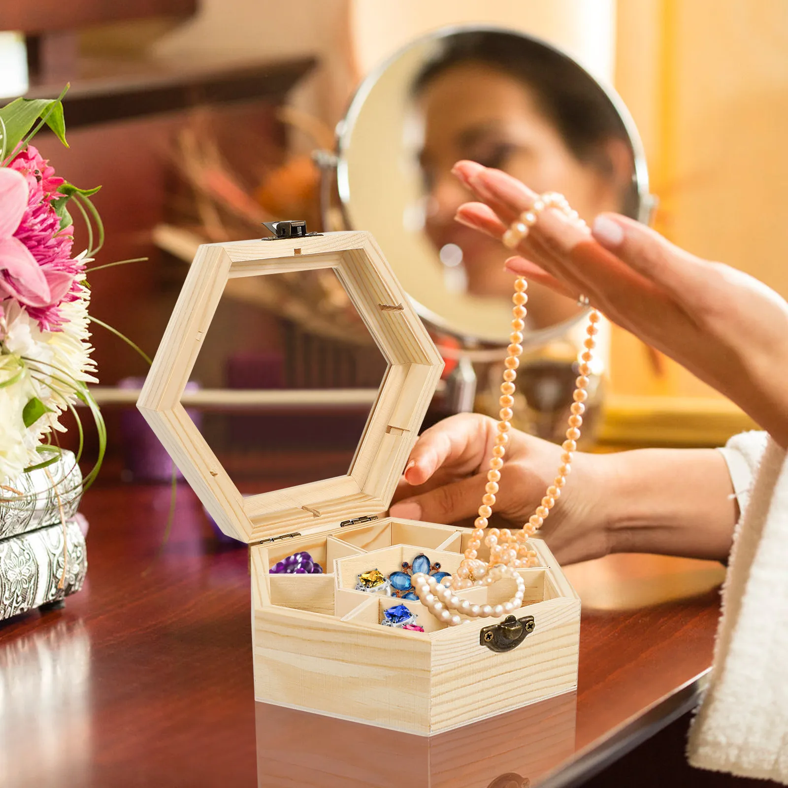 

Premium Wood Unfinished Jewelry Storage Box Hexagonal 7-Slot DIY Organizer Compact Display Case for Trinkets Keepsakes Jewelry