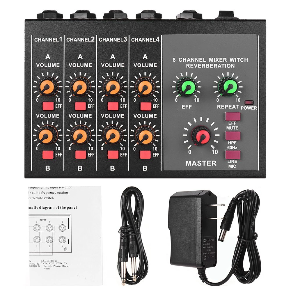 Sound Console MIX-428 Digital 8-Channel Stereo Sound Mixing Reverb Effect Audio Mixer with 60 Hz Frequency Cut Reverbe Rator